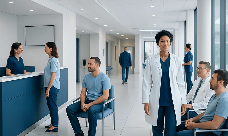 Healthcare professionals and patients in a modern hospital waiting area.