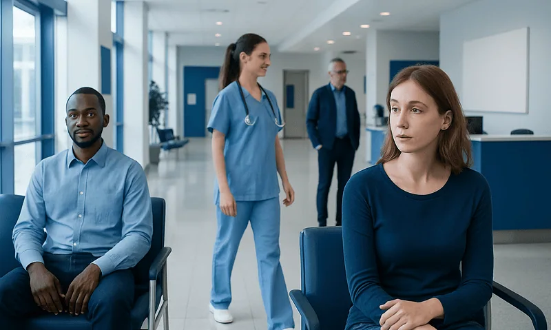Patients waiting in a hospital corridor with medical staff nearby.