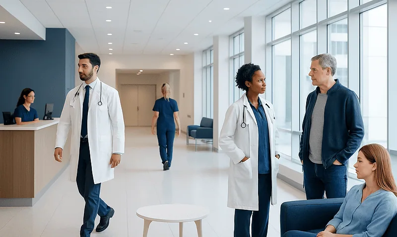 Medical professionals and a patient in a modern hospital lobby.