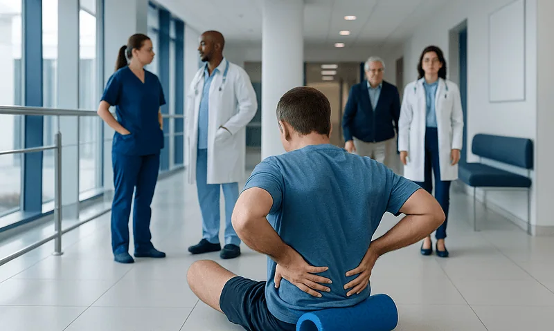 Patient with back pain consulting healthcare professionals in hospital corridor.