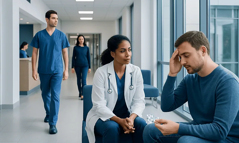 Patient experiencing headache in hospital corridor with medical staff nearby.