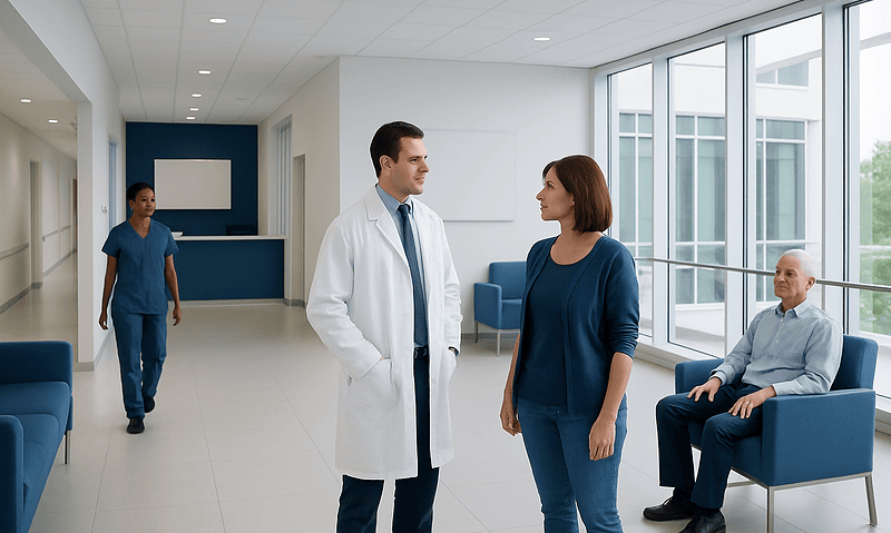 Doctor talking to a patient in a modern hospital corridor with waiting area.