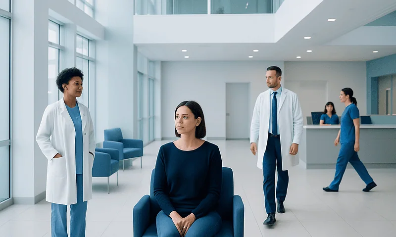 Patient waiting in a modern hospital lobby with medical staff nearby.
