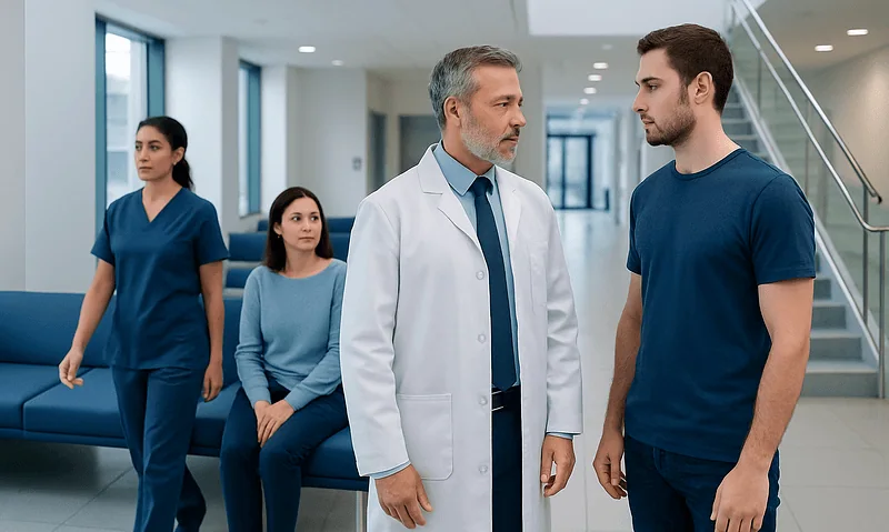 Doctor consulting young male patient in hospital corridor with staff in background.