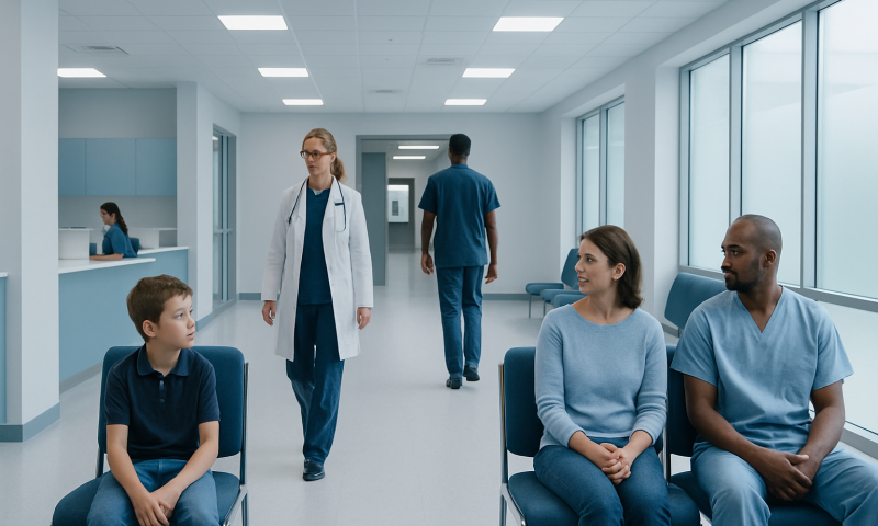 Hospital waiting area with medical staff and patients.