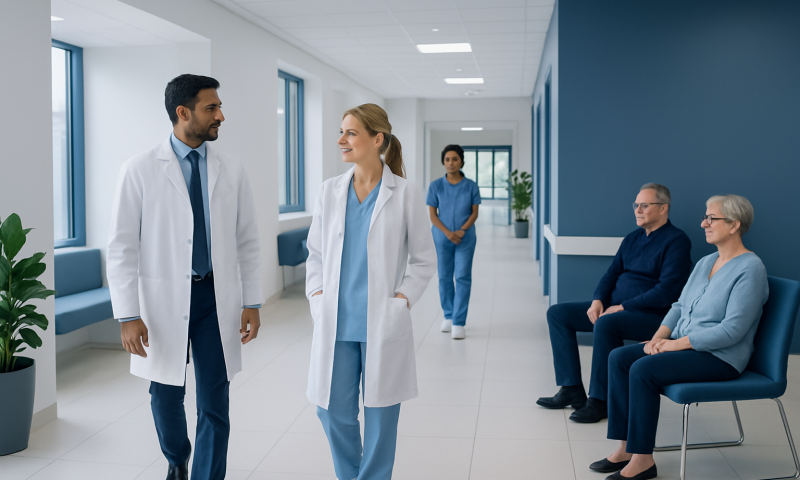 Doctors and patients in a modern hospital corridor.