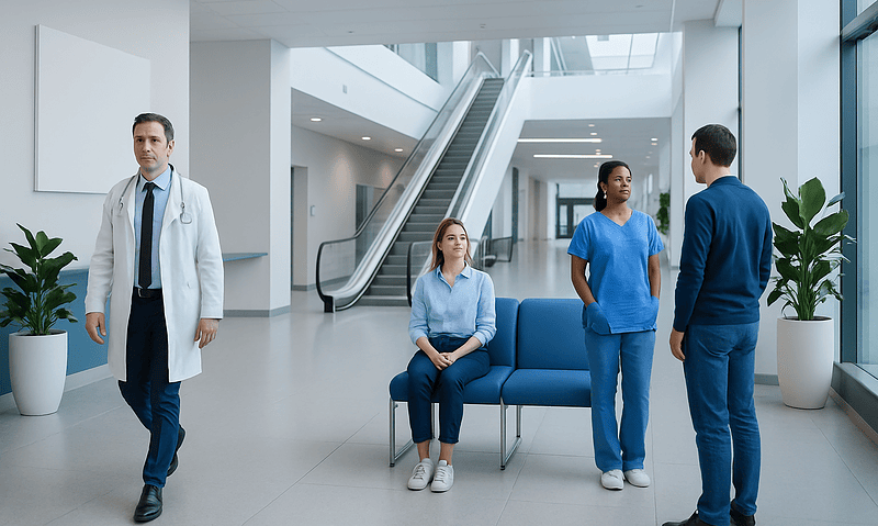 Medical professionals and a doctor in a modern hospital lobby.