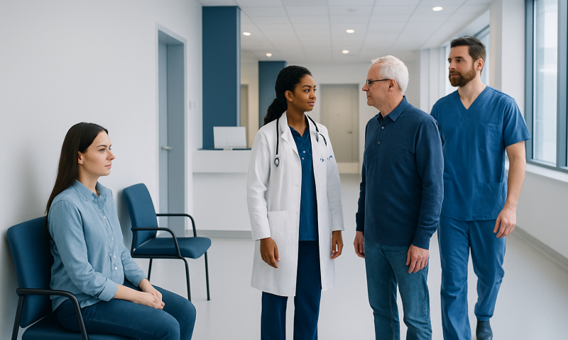 Medical consultation in hospital corridor with healthcare professionals and patient.