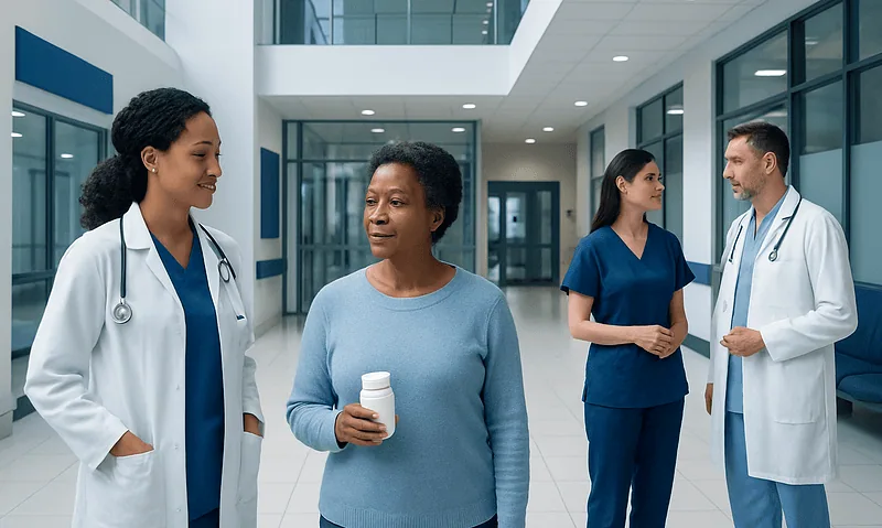 Healthcare professionals consulting with a patient in a hospital corridor.