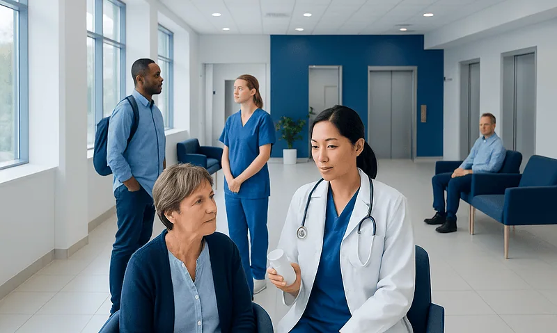 Medical consultation in a modern hospital corridor with healthcare professionals and patient.