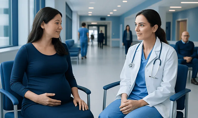 Pregnant woman consulting with a doctor in a hospital corridor.