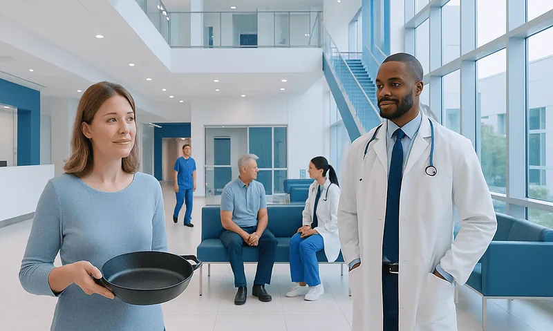 Patient and doctor in modern hospital lobby with seating and large windows.