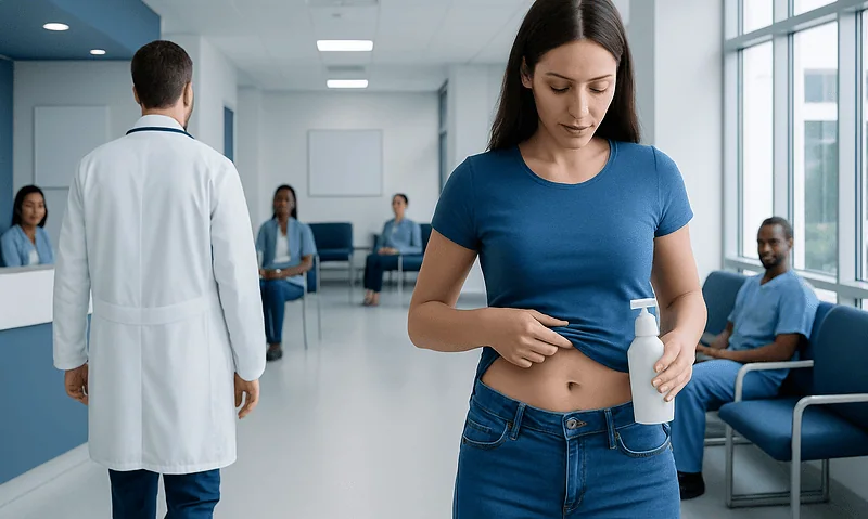 Young woman inspecting her belly button with antibacterial soap in hospital corridor.
