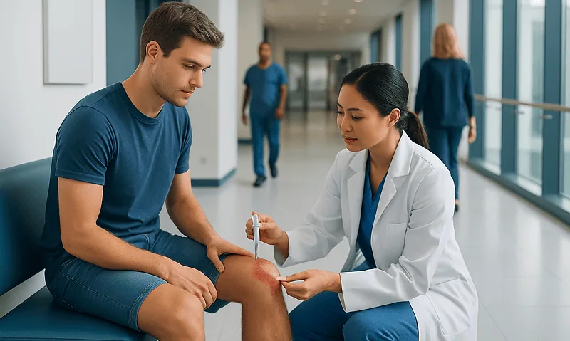 Doctor examining patient's knee in hospital corridor.