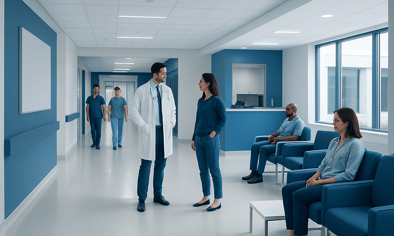 Doctors and patients in a modern hospital corridor with seating area.