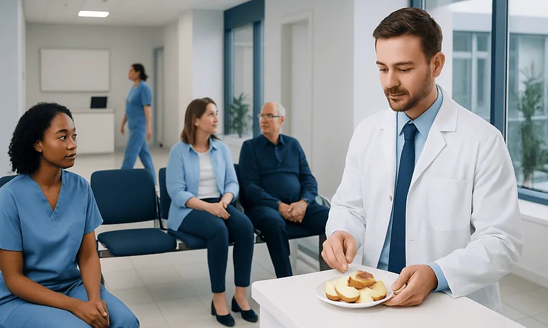 Doctor offering apples and peanut butter to patients in a hospital waiting area.