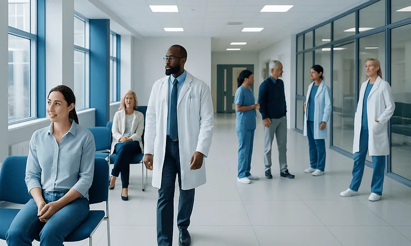 Medical professionals and patients in a modern hospital corridor.
