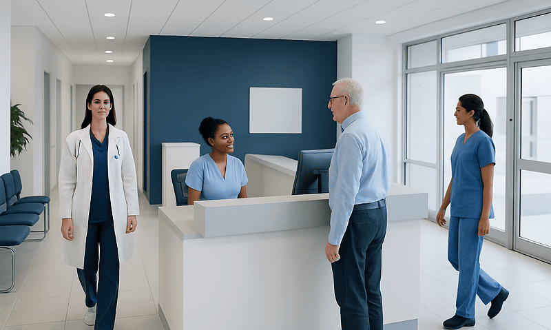 Hospital reception area with medical staff and patient in a modern healthcare facility.