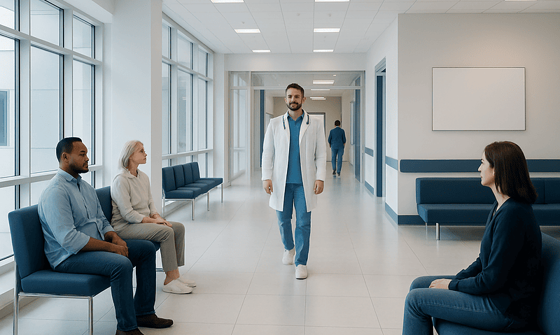 Doctor walking in hospital corridor with patients seated nearby.