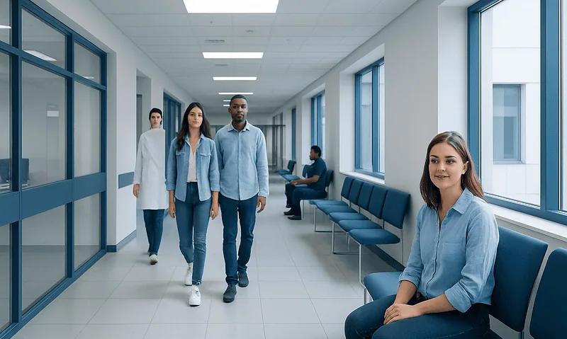 Diverse group of patients and staff in a modern hospital corridor.