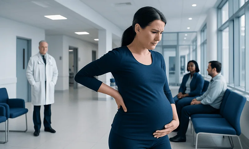 Pregnant woman experiencing back pain in hospital waiting area.