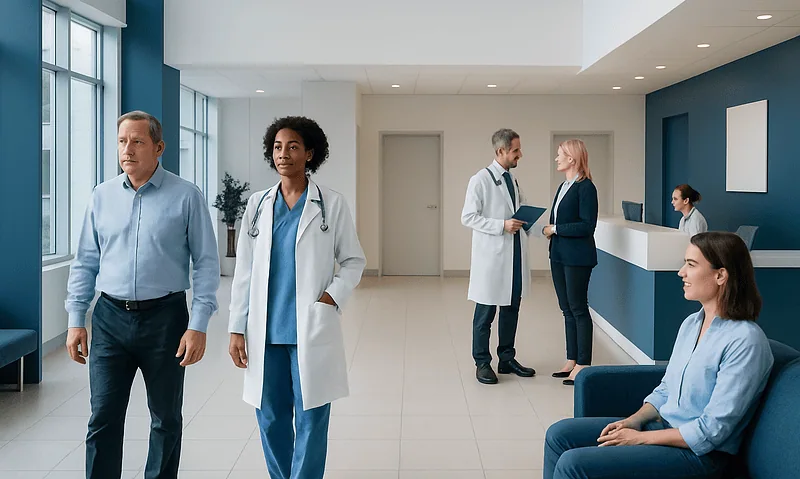 Healthcare professionals and patients in a modern hospital lobby.