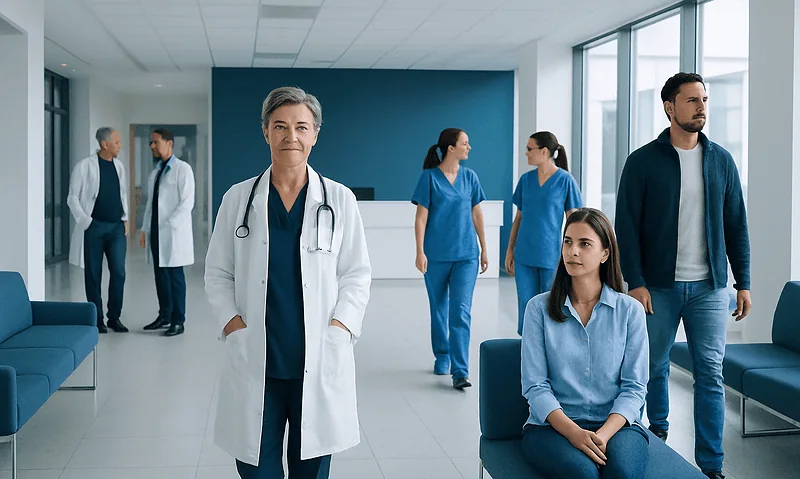 Medical team in hospital lobby with doctor and patients.