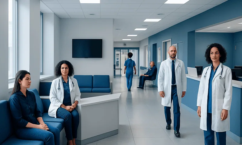 Medical staff and patients in a modern hospital waiting area.