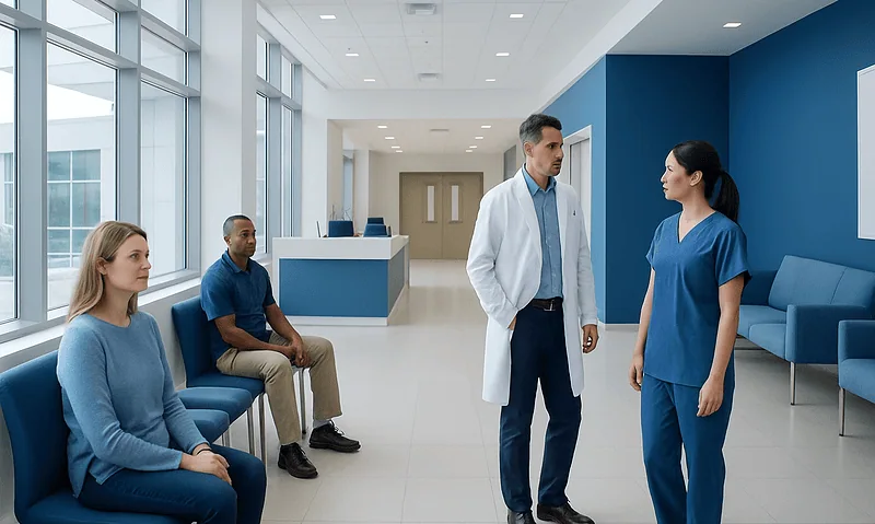 Hospital waiting area with medical staff and patients.