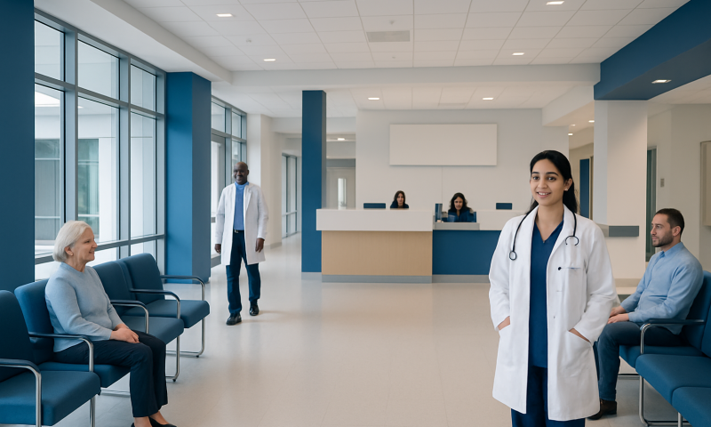 Modern hospital waiting area with healthcare professionals and patients.