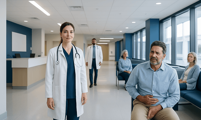 Healthcare professionals and patients in a modern hospital corridor.
