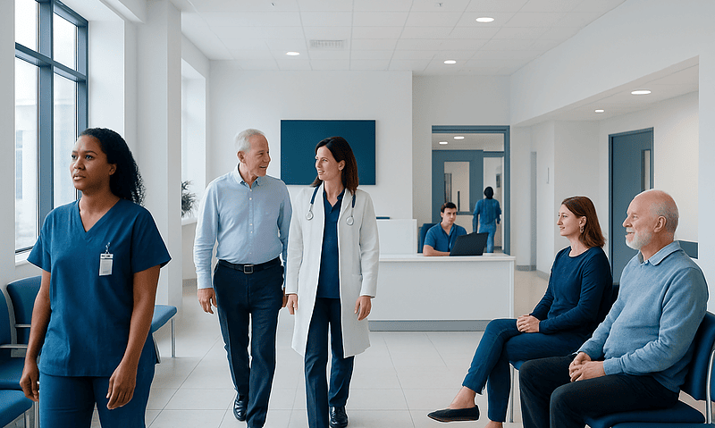 Healthcare professionals and patients in a modern hospital waiting area.
