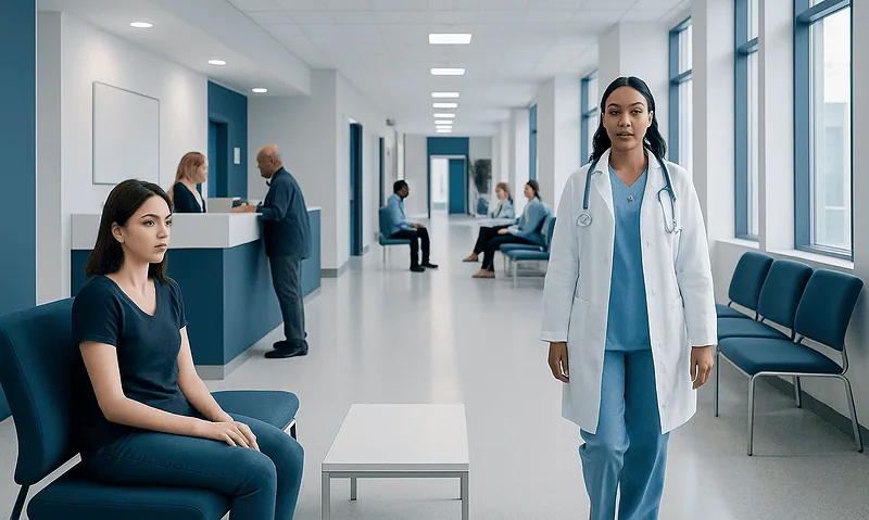 Medical professionals and patients in a modern hospital waiting area.