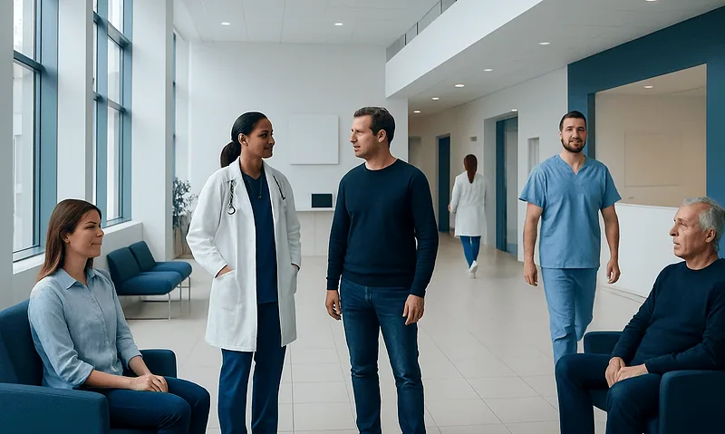 Medical team consulting with patient in hospital corridor.