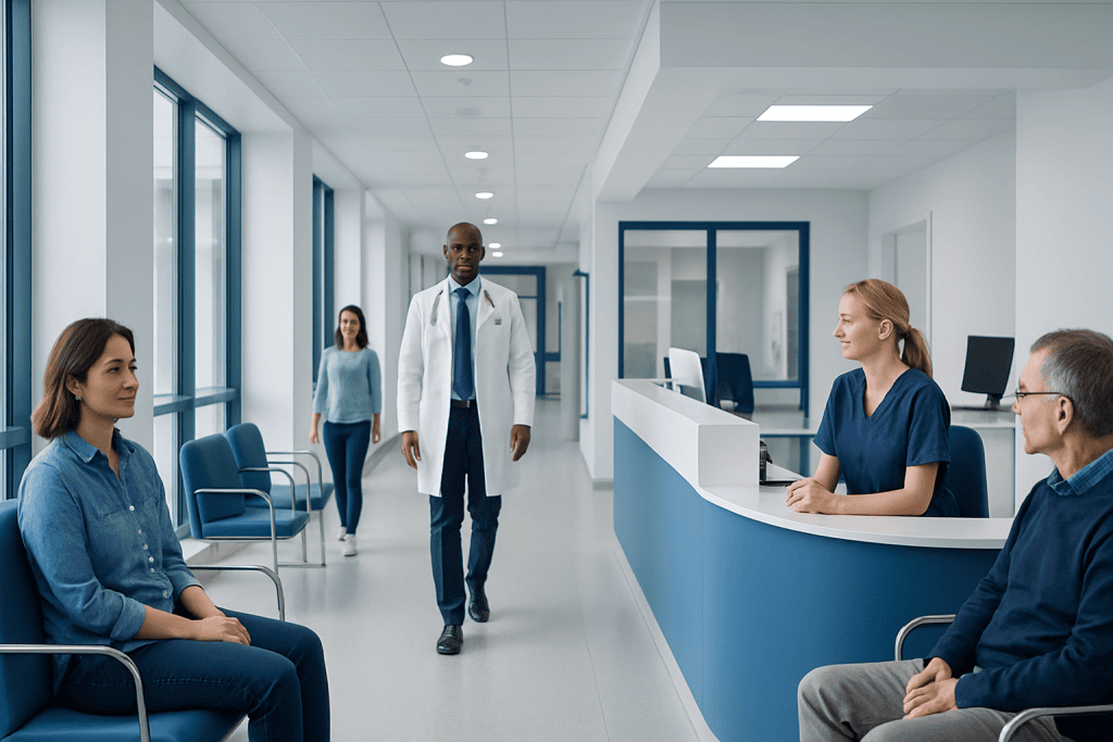 Blue Waffle — Explained by Medical Evidence, Not Myths 1 Medical professionals and patients in a modern hospital waiting area.