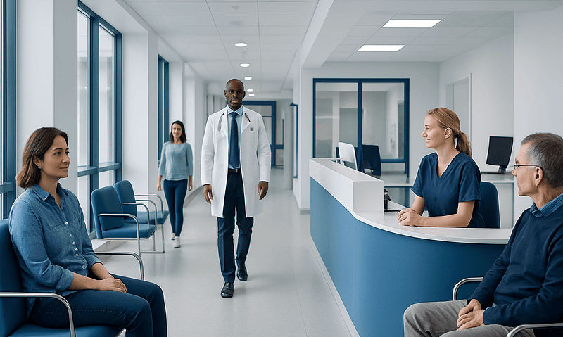 Medical professionals and patients in a modern hospital waiting area.