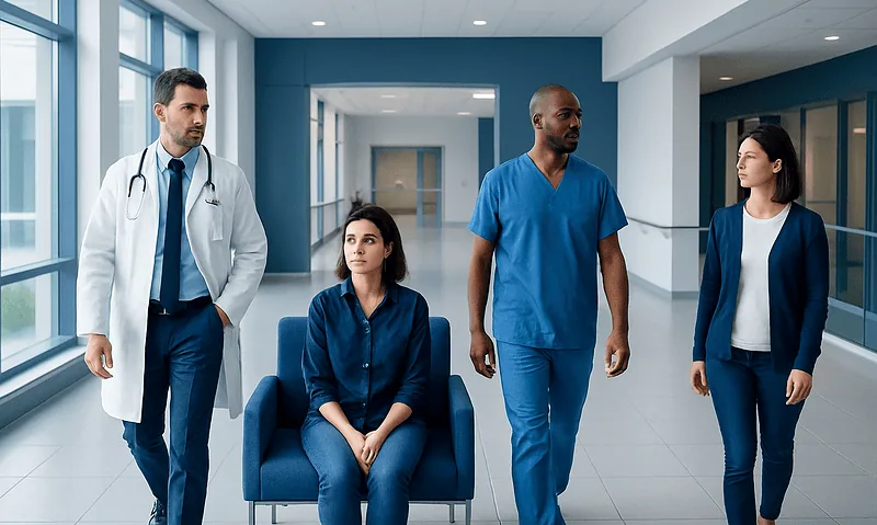 Medical team discussing patient care in hospital corridor.