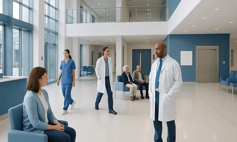 Hospital waiting area with medical staff and patients at Acibadem Hospitals Group.