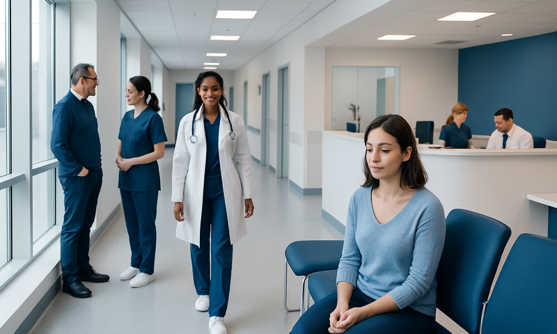 Patient waiting in hospital corridor with medical staff nearby.
