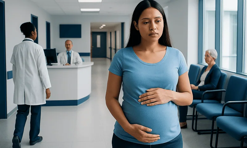 Brown Secretion During Pregnancy: What Is Normal, What Is Not, and When to Seek Care 5 Pregnant woman in hospital waiting area with healthcare staff nearby.