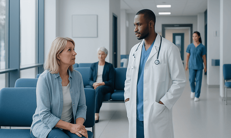 Doctor consulting a patient in a hospital corridor with staff in the background.