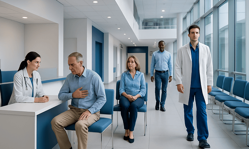 Patients waiting in a modern hospital corridor with medical staff present.