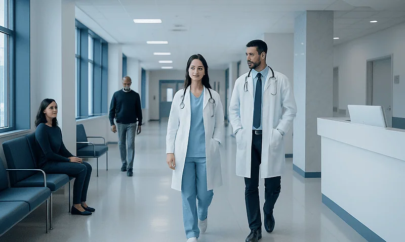 Doctors walking in hospital corridor with patient waiting area.
