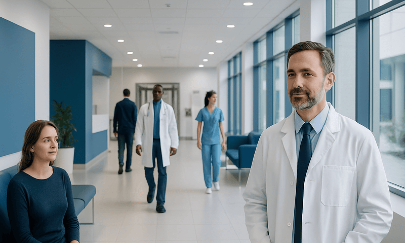 Medical professionals and patient in a modern hospital corridor.