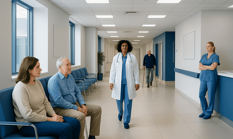 Healthcare professionals and patients in a modern hospital corridor.