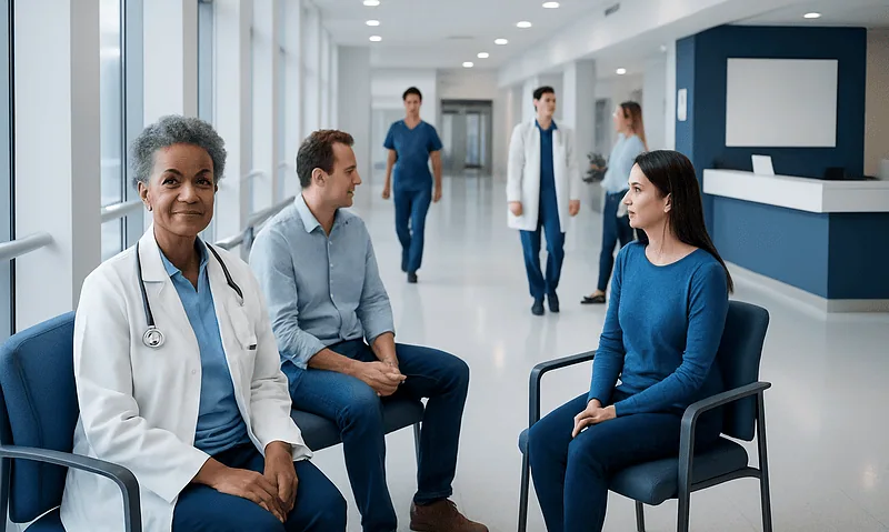 Diverse group of patients and healthcare professionals in a hospital waiting area.