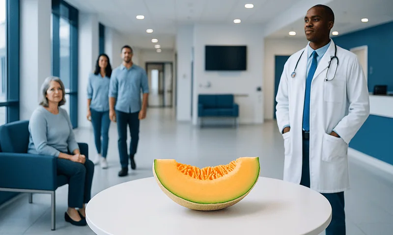Doctor and patients in hospital with melon on table.