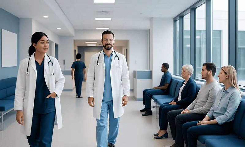 Healthcare professionals and patients in a modern hospital corridor.