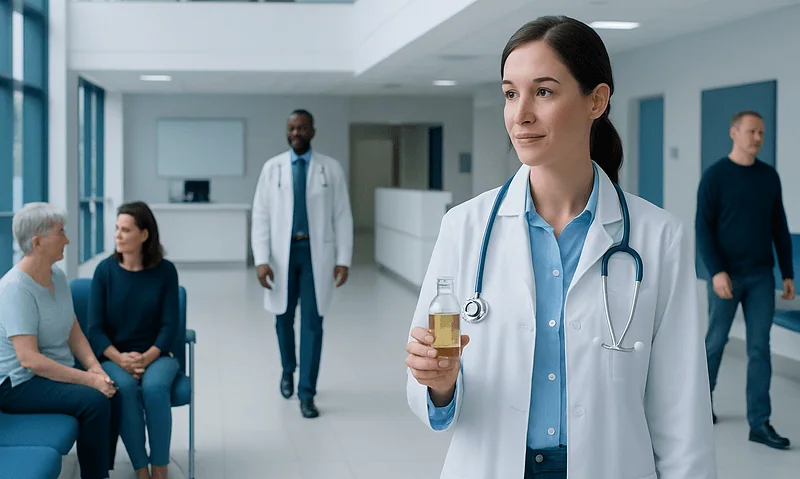 Female doctor holding a glass of water in a hospital corridor.