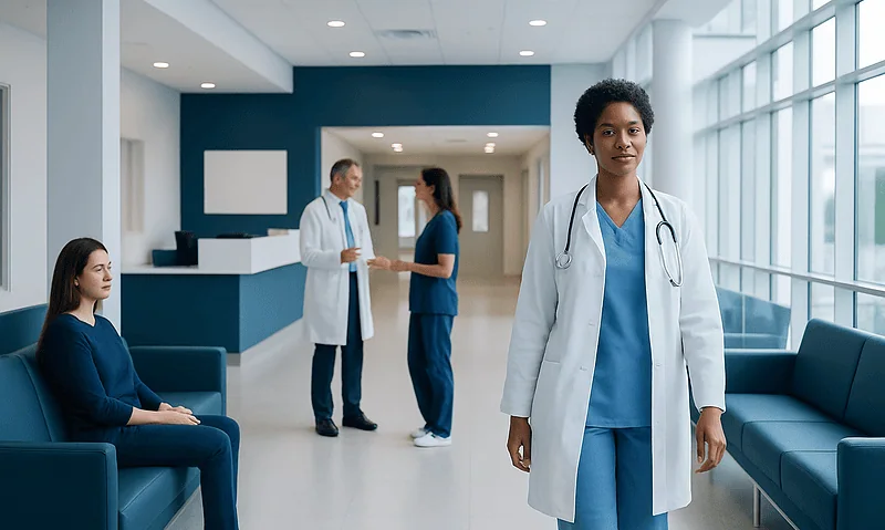 Healthcare professionals and patient in a modern hospital corridor.